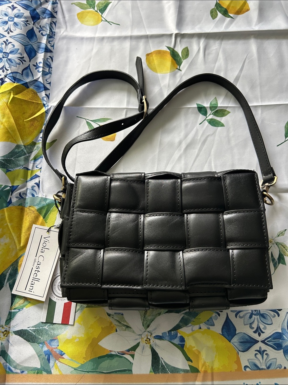 Viola Castellani Italian Leather Black Woven Crossbody Bag 11x7